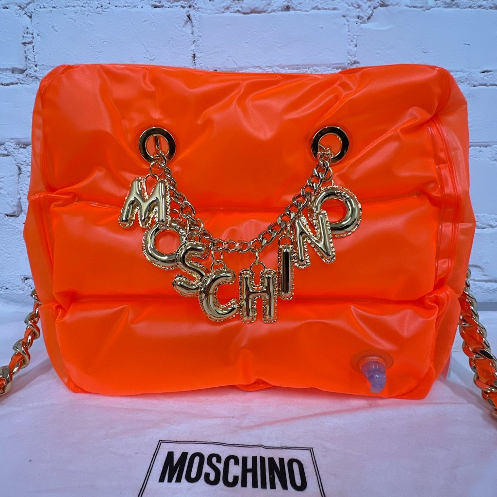 Ss23 Moschino Couture Orange Inflatable Crossbody Bag With Logo Charm & Chains
